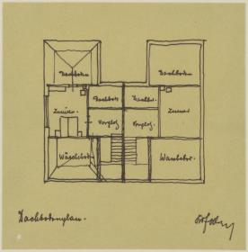 Darmstadt, Projekt Doppelhaus Cabinet, zweite Version, Skizzenblatt mit Grundriss des Dachgeschosses