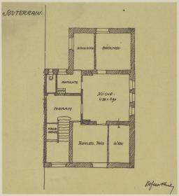 Darmstadt, Projekt Doppelhaus Cabinet, vierte Version, Skizzenblatt mit Grundriss des Kellergeschosses