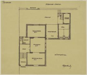 Darmstadt, Projekt Doppelhaus Cabinet, vierte Version, Skizzenblatt mit Grundriss