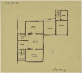 Darmstadt, Projekt Doppelhaus Cabinet, vierte Version, Skizzenblatt mit Grundriss des 1. Obergeschosses