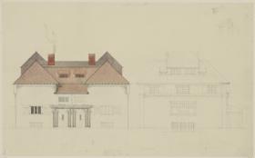 Darmstadt, Projekt Doppelhaus Cabinet, vierte Version, Skizzenblatt mit Aufrissen der Nord- und Ostfassade sowie mehreren Details