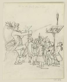 Musikmeister mit einer Gruppe singender Kinder. Karikatur, Oben, mit Blei: "Wie die Alten sungen, so zwitschern die Jungen"