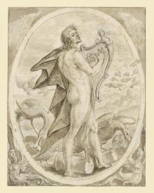 Amphion mit der Leier unter den Vögeln (Das Element Luft), Vorzeichnung für Blatt 3 der Folge der "Vier Elemente" von Crispijn van de Passe