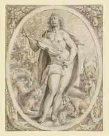 Orpheus unter den Tieren (Das Element Erde), Vorzeichnung für Blatt 1 der Folge der "Vier Elemente" von Crispijn van de Passe