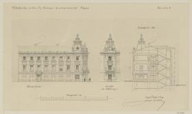 Belgrad, Wohn und Geschäftshaus für Dr. G. Dimitrijewic´, Aufrisse der Haupt und Eckfassade sowie Querschnitt