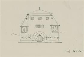 Darmstadt, Grosses Glückerthaus, vorbereitende Skizze, Aufriss der Westfassade
