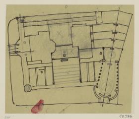 Darmstadt, Grosses Glückerthaus, Skizzenblatt mit Situationsplan der beiden Glückerthäuser und der gärtnerischen Gestaltung für die Ausstellung