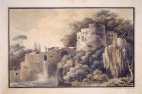 Ruinenlandschaft mit Hirte und Kuhherde