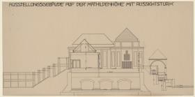 Darmstadt, Ausstellungsgebäude und Hochzeitsturm, Vorentwurf, Aufriss der nördlichen Hoffassade und Schnitt