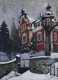 Rotes Haus im Schnee