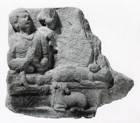 Erzählende Szene (Fragment): Erste Predigt des Buddha im Gazellenhain von Sarnath