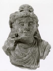 Oberkörper eines nachdenkenden Bodhisattva mit Turban