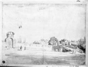Ponte Molle, südliches Ende mit dem hölzernen Steg, links Parkmauer mit Portal