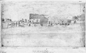 Kolosseum, vom Caelius aus gesehen, links Konstantinsbogen