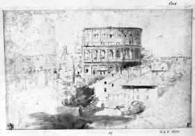 Kolosseum vom Caelius her gesehen, etwa gegenüber der Stelle, an der jetzt der Pfeiler Pius VII. steht (oder: Teatro di Marcello?)