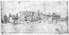 Baumgarten mit Kloster (S. Pietro in Vincoli?), links Kuppelkirche und mehrere Türme