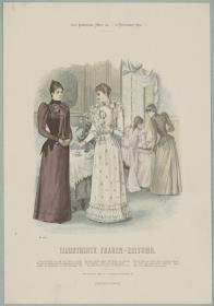 Illustrirte Frauen-Zeitung: Gesellschafts-Anzug mit Jackentaille und Gesellschafts-Anzug mit Miedertaille