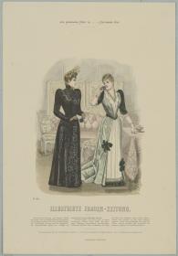 Illustrirte Frauen-Zeitung: Promenaden-Anzug mit langem Paletot und Gesellschafts-Toilette mit eckiger Schleppe