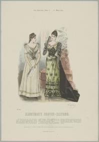 Illustrirte Frauen-Zeitung: Gesellschafts-Anzug mit drapierter Taille und Gesellschafts-Anzug mit Schleppe