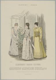 Illustrirte Frauen-Zeitung: Ball-Toilette mit langer Schärpe und zwei Gesellschafts-Toiletten