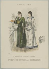 Illustrirte Frauen-Zeitung: Gesellschafts-Anzug mit Jackentaille und Gesellschafts-Anzug mit Rüschen-Garnitur