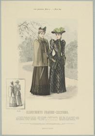 Illustrirte Frauen-Zeitung: Promenaden-Anzug mit kurzem Umhang und Anzug mit langer Schosstaille