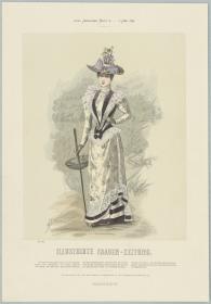 Illustrirte Frauen-Zeitung: Sommeranzug mit Schosstaille und großem Strohhut