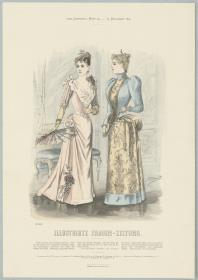 Illustrirte Frauen-Zeitung: Ball-Toilette mit drapierter Taille und Gesellschafts-Toilette mit Paniers-Garnitur