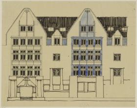 Marienbad, Projekt Kurhotel in Königswart, vorbereitende Skizze, Aufriss eines Teils der Hauptfassade