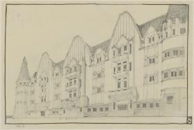 Marienbad, Projekt Kurhotel in Königswart, erster Vorentwurf, Perspektive der Hauptfassade von Südwesten