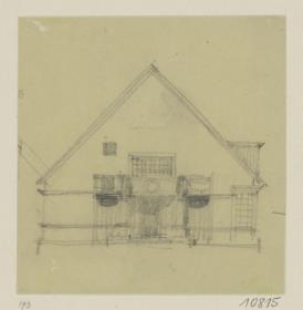 Potsdam Neubabelsberg, Projekt Wohnhaus für Friedrich Sarre, erster Vorentwurf, Skizzenblatt mit Aufriss der Hauptfassade