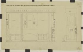 Turin, Projekt Herrenzimmer für Carlo Stratta, Aufriss der Fensterwand, Seitenansicht des Sofas und der Nischenwand