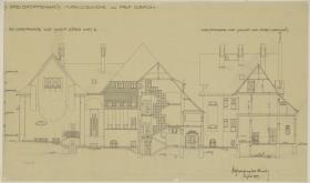 Darmstadt, Dreihäusergruppe, Aufrisse der Nordfassaden mit Schnitt durch das Blaue Haus sowie Aufriss der Westfassade und Schnitt durch das Predigerhaus
