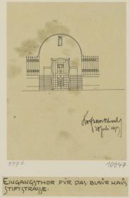 Darmstadt, Dreihäusergruppe, Vorentwurf zur Gartenpforte des Blauen Hauses, Aufriss