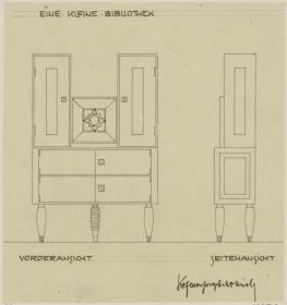 Darmstadt, Dreihäusergruppe, Eckhaus, Erdgeschoss, Wolhnzimmer,  Raum 3, Aufriss und Seitenansicht des Bücherschrankes