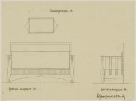 Darmstadt, Dreihäusergruppe, Eckhaus, Erdgeschoss, Wohnzimmer, Raum 3, Aufriss und Seitenansicht des Sofas sowie Aufriss des Wandspiegels