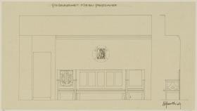 Darmstadt, Dreihäusergruppe, Eckhaus, Erdgeschoss, Speisezimmer, Raum 4, Aufriss der Nordwand sowie Profil der Sitznische