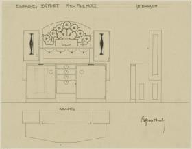 Darmstadt, Dreihäusergruppe, Eckhaus, Erdgeschoss, Speisezimmer, Raum 4, Aufriss, Grundriss und Seitenansicht der Anrichte