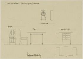 Darmstadt, Dreihäusergruppe, Eckhaus, Erdgeschoss, Speisezimmerr, Raum 4, Aufrisse und Seitenansichten von Uhr und Stuhl, Aufriss und Grundriss des Serviertisches sowie Aufriss des Tisches