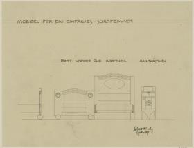 Darmstadt, Dreihäusergruppe, Eckhaus, erstes Obergeschoss, Schlafzimmer, Raum 10, Aufrisse von Kopf und Fußteil des Bettes sowie Schnitt; Aufriss des Nachtschränkchens