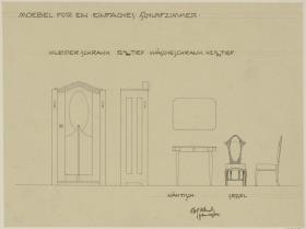 Darmstadt, Dreihäusergruppe, Eckhaus, erstes Obergeschoss, Schlafzimmer, Raum 10, Aufrisse und Seitenansichten von Schrank und Stuhl sowie Aufriss und Grundriss des Tisches