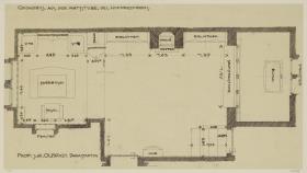 Darmstadt, Dreihäusergruppe, Predigerhaus, Erdgeschoss, Amtszimmer, Raum 28, Grundriss mit Möblierungsplan