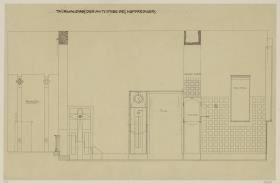 Darmstadt, Dreihäusergruppe, Predigerhaus, Erdgeschoss, Amtszimmer, Raum 28, Aufriss der Ostwand