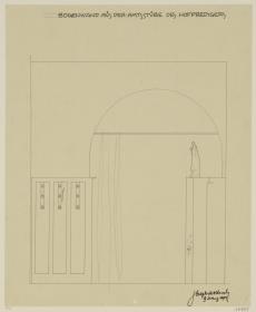 Darmstadt, Dreihäusergruppe, Predigerhaus, Erdgeschoss, Amtszimmer, Raum 28, Aufriss der Südwand zum Erker