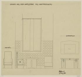 Darmstadt, Dreihäusergruppe, Predigerhaus, Erdgeschoss, Amtszimmer, Raum 28, Aufriss der Südwand des Erkers, Aufriss des Sessels sowie Aufriss und Grundriss des Schreibtisches