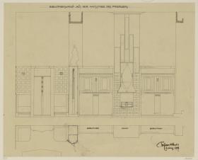 Darmstadt, Dreihäusergruppe, Predigerhaus, Erdgeschoss, Amtszimmer, Raum 28, Aufriss und Grundriss der Westwand