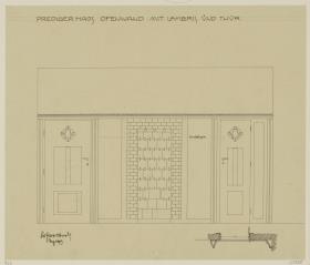 Darmstadt, Dreihäusergruppe, Predigerhaus, Erdgeschoss, Diele, Raum 29, Aufriss der Ostwand und Grundrissdetail