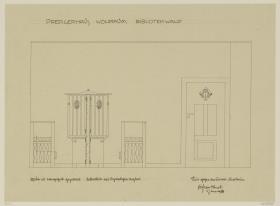 Darmstadt, Dreihäusergruppe, Predigerhaus, Erdgeschoss, Wohnzimmer, Raum 30, Aufriss der Westwand
