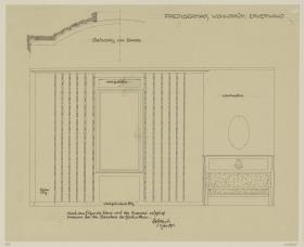 Darmstadt, Dreihäusergruppe, Predigerhaus, Erdgeschoss, Wohnzimmer, Raum 30, Aufriss der Südwand und Grundriss des Erkers