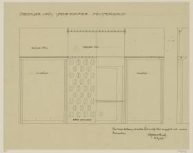 Darmstadt, Dreihäusergruppe, Predigerhaus, Erdgeschoss, Speisezimmer, Raum 31, Aufriss und Schnitt der Ostwand
